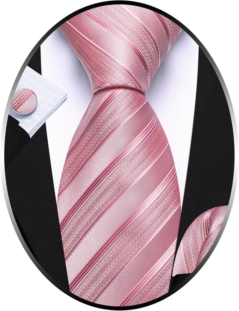Barry.Wang Store Tie Sets for Men Silk Stripe Necktie Woven Checkered Handkerchief Cufflinks Formal Business Wedding - Image 1